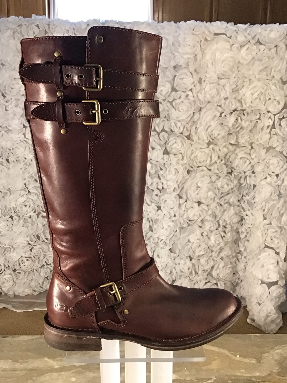 UGG Women's Gillespie Tall Brown Leather Riding Moto Boots Sheepskin Footbed